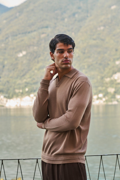 Rivoli Knitted Longsleeve Polo – Taupe
